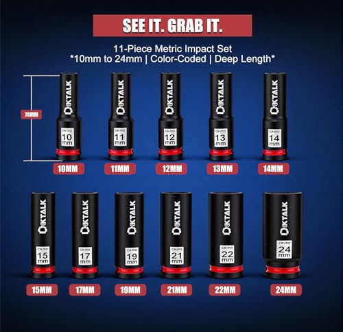 11PCS 1/2 Inch Drive Impact Deep Socket Set Metric 10-24mm, 6-Point, CR-MO | Deep Well Socket Set for Impact Wrench, Heavy Duty Automotive & Machinery Repair - size: 11PCS Metric