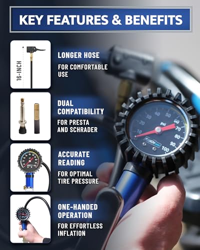 Presta Valve Adaptor Pump with Removable Schrader to Presta Valve Air Chuck – Accurate Bike Tire Inflator & Pressure Gauge for Air Compressor, 100 PSI - size: Presta & Schrader