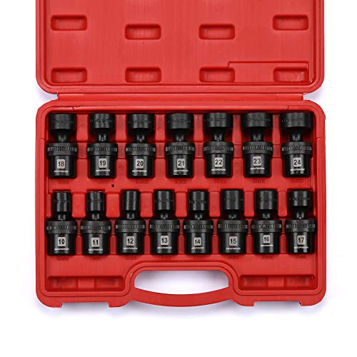 MIXPOWER 15-piece 1/2" Drive Shallow Universal Impact Socket Set, 6 Points, Metric, 10-24mm, Swivel Socket with Flexible Wobble, CR-MO, Heavy Duty Storage Case… B08JTJVV8M - size: 15 Pcs Metric 1/2'' Dr. (Shallow)