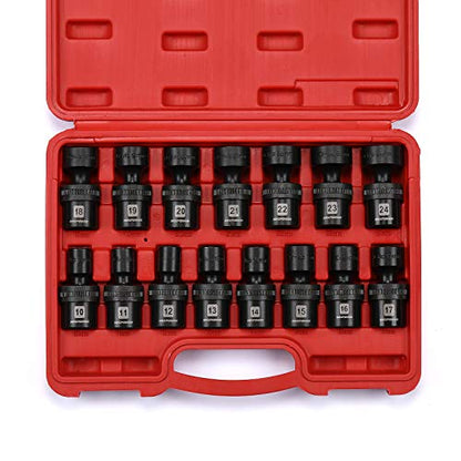 MIXPOWER 15-piece 1/2" Drive Shallow Universal Impact Socket Set, 6 Points, Metric, 10-24mm, Swivel Socket with Flexible Wobble, CR-MO, Heavy Duty Storage Case… B08JTJVV8M - size: 15 Pcs Metric 1/2'' Dr. (Shallow)