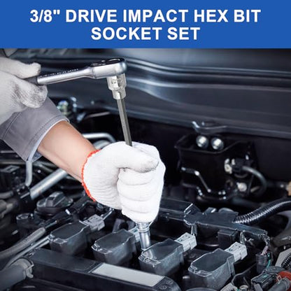 20PCS Extra-Long Allen Hex Bit Socket Set, 3/8 Inch Drive Allen Socket Set, SAE & Metric(1/8"-7/16", 3-12mm), CR-V and S2 Alloy Steel