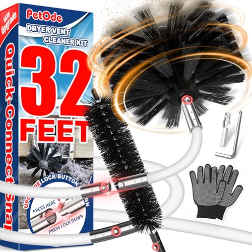 PetOde 32 Feet Dryer Vent Cleaner Kit, Enhanced Flexible Quick Snap Brush with Drill Attachment for Effective Cleaning, 360 Degree Rotation Without Loosening, Use with or Without a Power Drill - size: 32 feet