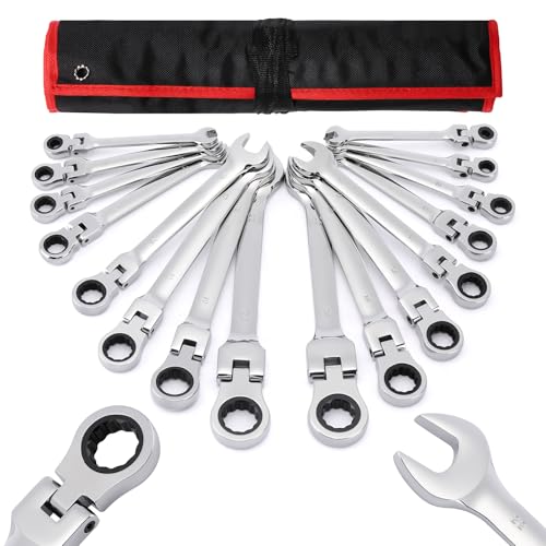 Mayouko 16-Piece Flex-Head Ratcheting Combination Wrench Set, Metric 6-22mm, 72-Teeth, CR-V Steel, With Rolling Pouch