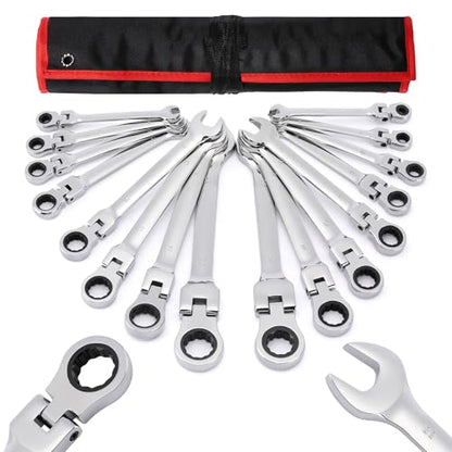 Mayouko 16-Piece Flex-Head Ratcheting Combination Wrench Set, Metric 6-22mm, 72-Teeth, CR-V Steel, With Rolling Pouch