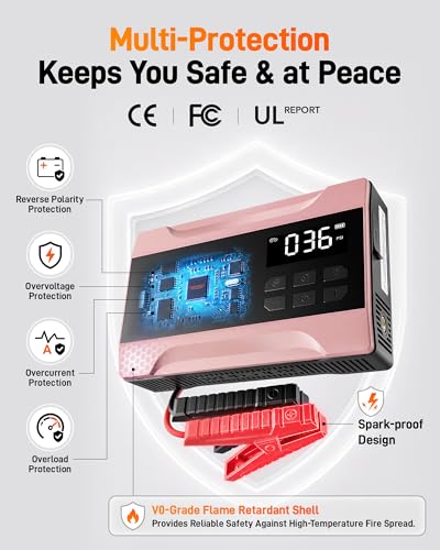 WOLFBOX 2000A Jump Starter with Air Compressor, 37Wh Car Battery Booster Jumper Starter Portable(up to 5L Gas Engine), 12V Jump Box Pack with 150PSI Tire Inflator, Jumper Cables, LED Light — Rose Gold - color: Rose Gold