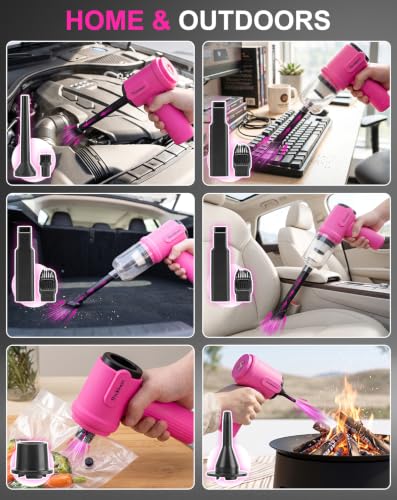 ThinkLearn 27pcs Car Cleaning Kit, 4-in-1 12000Pa Cordless Mini Handheld Vacuum Cleaner & Air Duster, Portable Pink Car Detailing Kit with Interior Accessories for Car, Home, Office, Gift for Women