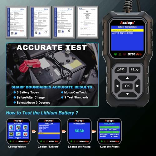 BT60 PRO Car Battery Tester 6V/12V/24V, 2–120Ah, 100–3000 CCA, AGM/Gel/Lithium, Alternator & Starter/Charging System Analyzer, QR Cloud Report (No App), Digital Analyzer - color: Black-Yellow
