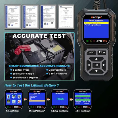 BT60 PRO Car Battery Tester 6V/12V/24V, 2–120Ah, 100–3000 CCA, AGM/Gel/Lithium, Alternator & Starter/Charging System Analyzer, QR Cloud Report (No App), Digital Analyzer - color: Black-Yellow