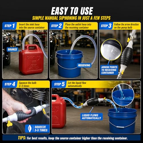 Manual Siphon Pump, 9.84FT Fuel Transfer Pump for Gasoline Diesel Oil Water, Portable Hand Pump Siphon Hose with PVC Hose, Switch Valve, Hose Retainer and Metal Clips