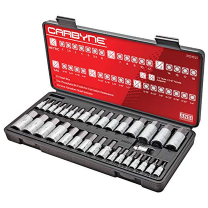 CARBYNE 33-Piece Master Bit Socket Set, SAE & Metric Hex (Allen) Bit Sockets, S2 Steel, 1/4", 3/8" & 1/2" Drive for Automotive, Motorcycle & Furniture Repair - size: 33 Piece