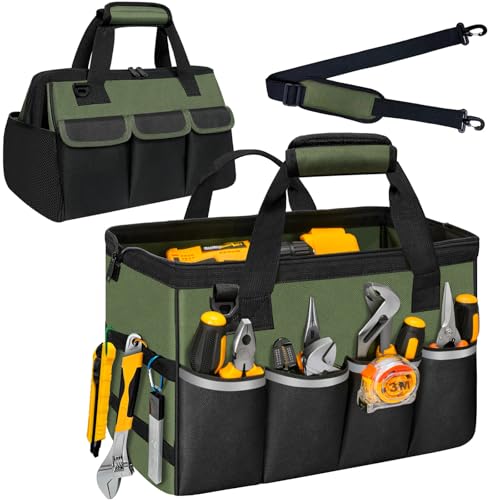 Portable Tool Bag Heavy Duty Tool Box Organizer with Shoulder Strap, Green | Heavy-Duty Tool Tote With Wide Mouth Opening & Adjustable Shoulder Strap. Durable Storage Bag For Mechanics & Engineers. - color: Army Green & Black, size: L