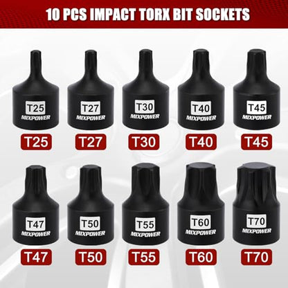 MIXPOWER 10 Pieces 3/8" Drive Impact Torx Bit Sockets,T25-T70,Cr-Mo Impact Grade,Solid One Piece Construction