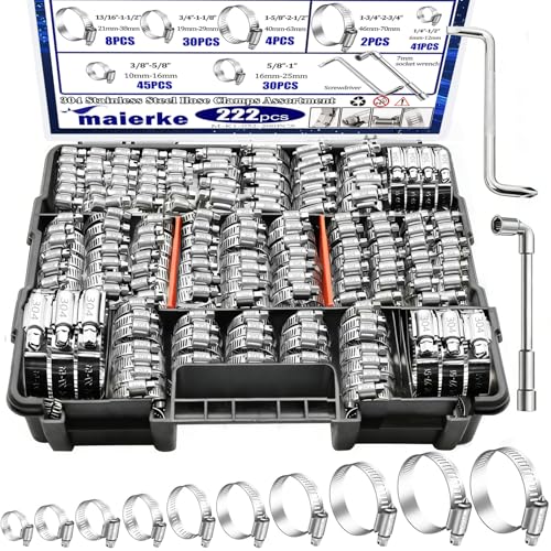 222PCS 304 Stainless Steel Hose Clamps Assortment Kit,Metal Adjustable 1/4"-2-3/4"(6-70mm) Worm Gear Hose Clamp Small Hose Clamps for Automotive,Radiator Pipe,Plumbing,Fuel Line - color: Silver, size: 222pcs