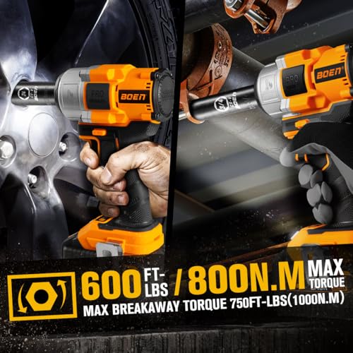 boen Cordless Impact Wrench 1/2 inch, 600FT-LBS(800N.m), Brushless Electric Impact Wrench, 2200RPM High Torque Impact Gun for Car Home, Includes 4.0Ah Battery×1, Charger, IW-75 - size: 600FT-LBS(800N.m)
