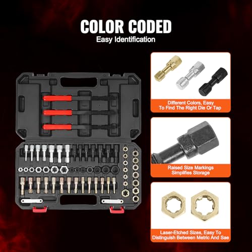 VEVOR Thread Restorer Kit 61Piece Thread Chaser Set - UNC UNF and Metric Thread Restorer Tool wit Thread Files Storage Case - Heat Treated Steel for Mechanics DIY Enthusiasts - size: 61PCS, style: SAE&METRIC