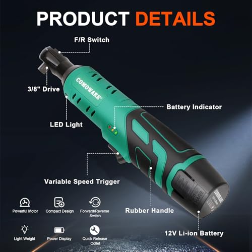 COMOWARE 3/8 Cordless Electric Ratchet Wrench Kit, 40ft-lbs Torque, 12V Power, 8 Sockets, LED Light, Fast Charger, Ergonomic Design | 12V Power, Electric Socket Wrench, LED Light,Lightweight & Compact, Fast Charger, Ergonomic Design