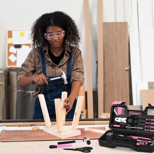 HANGYING 132-Piece Home Tool Kit for Women with Plastic Toolbox Pink | All Purpose Home Repair Tool Set with Storage Case, Women Small Tool Kit, Garage Office College Dorm & DIY Projects Use - color: Light Pink