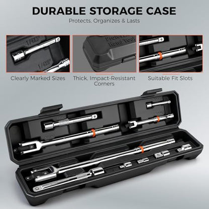 HORUSDY 10-Piece Dual-Drive Breaker Bar Set, Heavy-Duty Torque Kit with 360° Rotatable Head, Premium Cr-V Steel, Spring-loaded Detent Ball, Extension Bars & Socket Adapters, Durable Storage Case - style: 10-Piece Dual-Drive
