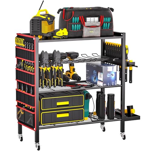 Ultrawall Power Tool Organizer Cart, 4-Tier Rolling Tool Storage Stand with Wheels, Garage Floor Tool Holder with Side Storage Pockets, Gift for Men