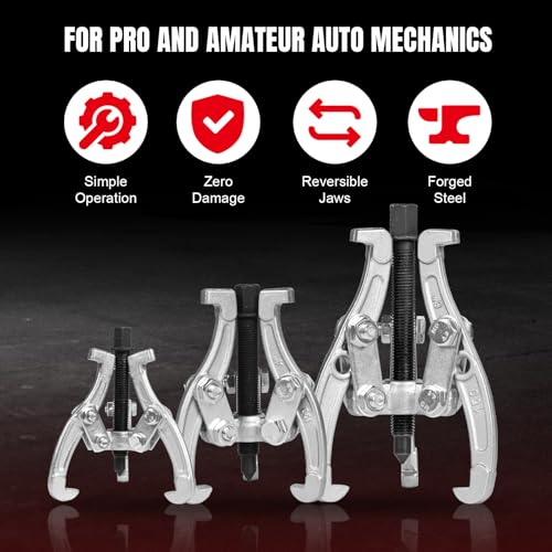 Big RED Gear Puller Set, 3''4''6'' 3 jaw Puller Tool, Puller Kit for Gearing, Pulley and Bearing Removal, Puller Kit Pulley with Reversible Jaws, 3 Pcs