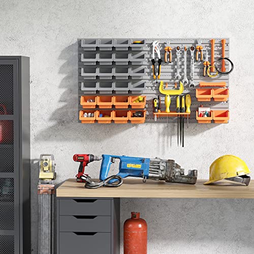 DURHAND Wall Mounted Storage Bins, 44PC Pegboard Tool Organizer Rack Kit Garage Plastic Shop Tool, Orange