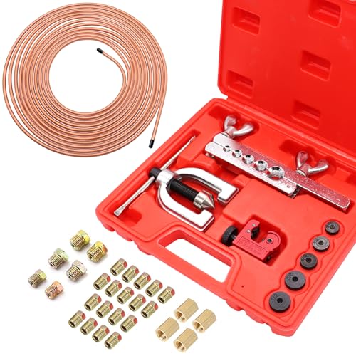 25 ft 3/16inch Copper Coated Brake Line Kit(Includes 24 Fittings and 4 Unions) with Double & Single Flaring Tool Kit - size: 3/16 Inch Gold, style: Brake Line Kit
