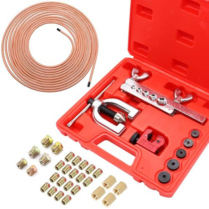 25 ft 3/16inch Copper Coated Brake Line Kit(Includes 24 Fittings and 4 Unions) with Double & Single Flaring Tool Kit - size: 3/16 Inch Gold, style: Brake Line Kit