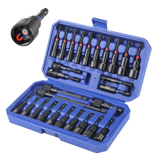 WORKPRO 27 PCS Magnetic Nut Driver Set, Impact Drill Driver Bit 1/4" Hex Shank, SAE & Metric Cr-V Steel Power Nut Drivers with Quick-release Extensions, Impact Socket Adapters, Bit Holder and Toolbox - size: 27PCS Magnetic Nut Driver Set