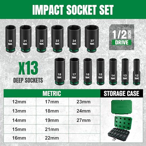 SK 1/2" Drive Impact Socket Set, Deep Metric Sockets, 13-Piece 12-27mm, Premium CR-MO Steel, SureGrip 6 Point Design, With Storage Case - size: Metric