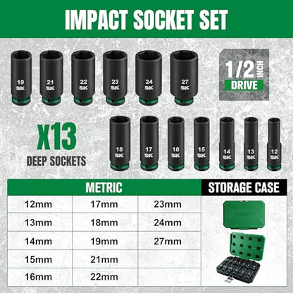 SK 1/2" Drive Impact Socket Set, Deep Metric Sockets, 13-Piece 12-27mm, Premium CR-MO Steel, SureGrip 6 Point Design, With Storage Case - size: Metric