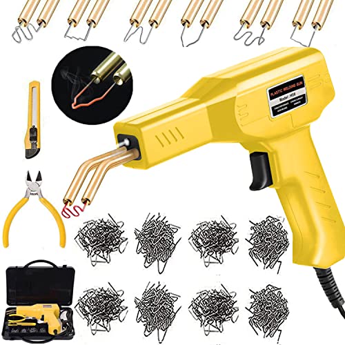 Plastic Welding Machine Car Bumper Repair Kit - Hot Staple Gun Plastic Welder & 6 Types of Staples - Flat/Outside Corner/Inside Corner/Wave - color: Yellow