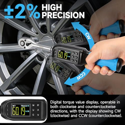 DISEN 3/8 inch Digital Torque Wrench (5-135 N.m / 3.7-99.6 Ft.lb), ±2% Accuracy, 8 Presets & 500 Data Memory, 5 Units, LED & Buzzer Alert, Tracking/Peak Modes, for Automotive Motorcycle Bicycle DIY - size: 3/8 inch