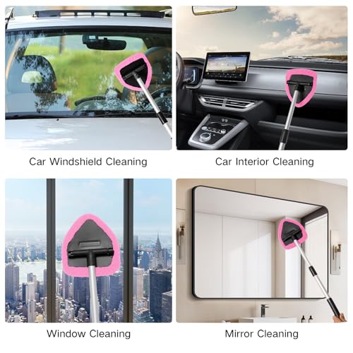 Qydipclin 7pcs Windshield Cleaner Tool Car Window Cleaning Wash Kit with 4 Reusable Microfiber Pads 1 Spray Bottle and Extendable Handle Auto Glass Wiper Kit, Pink - color: Pink