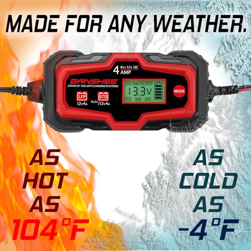 Banshee 4Amp 6V 12V Automatic Smart Smart Charger, Maintainer, Reconditioner/Desulfator, 12V Supply, & Winter Mode with LCD Display for Lead Acid and Lithium (LiFePO4) Battery