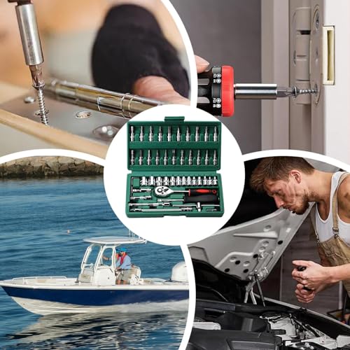 Ratchet Wrench Kit – 3/8 Drive Wrench Set, Marine Electric Tool, 46-Piece Mechanic Kit | Professional Automotive, Workshop, DIY and Boat Repair Equipment - color: Green