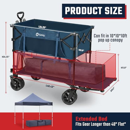 Sekey 500LBS Heavy Duty Double Decker Wagon with Extender, 400L Large Capacity Collapsible Garden Cart Fits 10x10 Canopy, All-Terrain Big Wheels with Brakes, Foldable Utility Wagon for Sports, Camping - color: Amber Blue