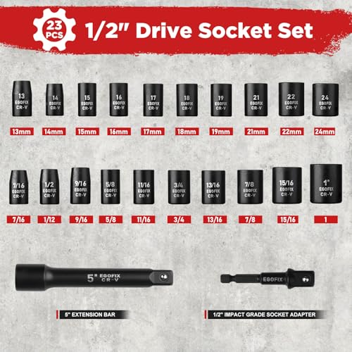 1/2" Drive Impact Socket Set, 23 Piece Metric (13-19, 21, 22, 24mm) and SAE (7/16 to 1 inch) Tool Set with 72 Tooth Reversible Ratchet, with Storage Box for Auto Repairing - style: 1/2-23PCS