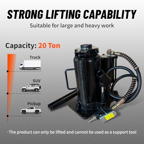 20 Ton Low Profile Air Hydraulic Bottle Jack with Air-Powered or Manual Operation, One-Piece Hydraulic Cylinder Design, Air Bottle Jack with Independent Air Pump Body and Carry Handle - color: Black