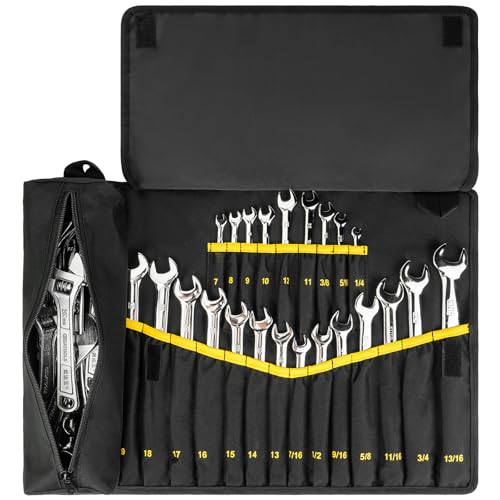 23+1 Pockets Wrench Roll Organizer,Wrench Roll Up Pouch,Heavy Duty Tool Roll for Metric & SAE Wrenches,Large Wrench Holder Organizer Bag for Men,Mechanics,Gifts for Men Dad(Black) NO Tools - color: Black