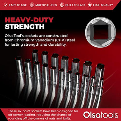 Olsa Tools Metric Deep Socket Set - 1/2-Inch Drive, 18pc - 6-Point Chrome Sockets from 10mm–27mm and No Skipped Sizes - Mechanic Deep Metric Socket Set - Professional Grade Long Sockets - Part: 1325 - color: Metric Deep, size: 18pc, 1/2-Inch Drive