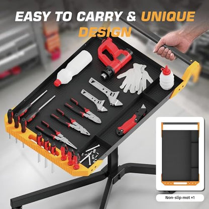 Mobile Work Table, Adjustable Height Workbench with Wheels, Orange | Heavy Duty, 8 Adjustable Height Settings, Drills Storage, 4 Wheels (2 locking), for Garage, Workshop, Bike Repair, Car Repair