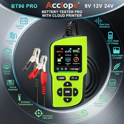 BT90 PRO 2-360Ah Battery Tester with Cloud Printing, 30-3800 CCA, 6V/12V/24V Digital Analyzer, SOH/SOC/Volt/Res/Cranking&Charging Test, Real‑Time Ambient Temp, AGM/EFB/Gel/Li - color: GREEN