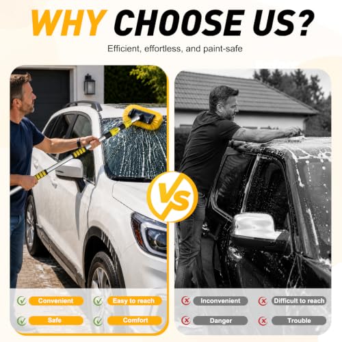 SISUPASSIE 12FT Car Wash Brush with Long Handle, Telescopic Car Wash Brush with Soap Dispenser, 12-Inch Soft Bristle Car Cleaning Brush for Cleaning Car, RV, Truck, Boat, Solar Panels, Yellow