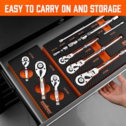 HORUSDY 3 Piece 90T Stubby Ratchet Handle Set, 1/4" 3/8" 1/2" Drive Mini Socket Wrench, Compact Reversible Ratchets for Tight Spaces, Car & Home Repair, DIY, Mechanic Tool - style: 1/4" 3/8" 1/2" Drive 90T Set