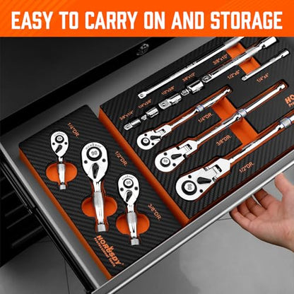 HORUSDY 3 Piece 90T Stubby Ratchet Handle Set, 1/4" 3/8" 1/2" Drive Mini Socket Wrench, Compact Reversible Ratchets for Tight Spaces, Car & Home Repair, DIY, Mechanic Tool - style: 1/4" 3/8" 1/2" Drive 90T Set