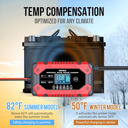 Battery Charger 6-Amp 12V Automatic Smart Battery Trickle Charger, Battery Maintainer Desulfator with Temperature Compensation for Car Truck Motorcycle Lawn Mower Marine