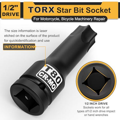 1/2" Drive T80 Torx Bit Socket, Star Bit Socket, CR-MO Steel, Motorcycle, Bicycle Machinery Repair - size: 1/2" T80 Deep