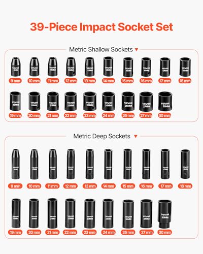 VEVOR 39-Piece Impact Socket Set 1/2" Drive, Metric (9 to 30 mm) Size, Deep & Shallow, 6-Point, CR-V, Universal Joint, Heavy Duty Carrying Case - style: 1/2" 39 PCS