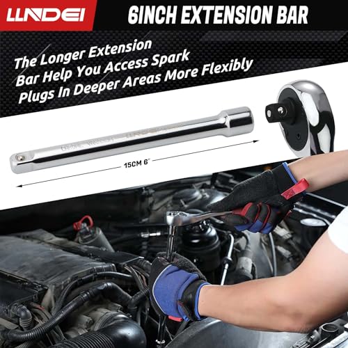 LLNDEI 3/8 Inch Drive Spark Plug Socket Set SAE & Metric, High Visibility 6 Point Sockets CR-V Steel, Mirror Polished Sockets with Rubber Retaining Rings-Spark Plug Removal Tool for Car Repair 7PCS - size: 6 pieces + extension bar