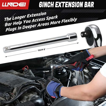LLNDEI 3/8 Inch Drive Spark Plug Socket Set SAE & Metric, High Visibility 6 Point Sockets CR-V Steel, Mirror Polished Sockets with Rubber Retaining Rings-Spark Plug Removal Tool for Car Repair 7PCS - size: 6 pieces + extension bar